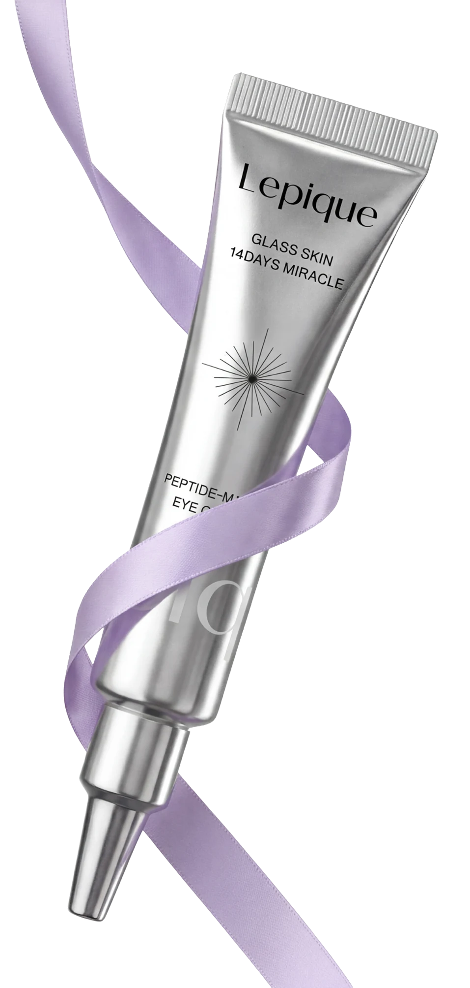 Lepique Peptide-Matrix Eye Cream wrapped in a purple ribbon against a shadowed dark field