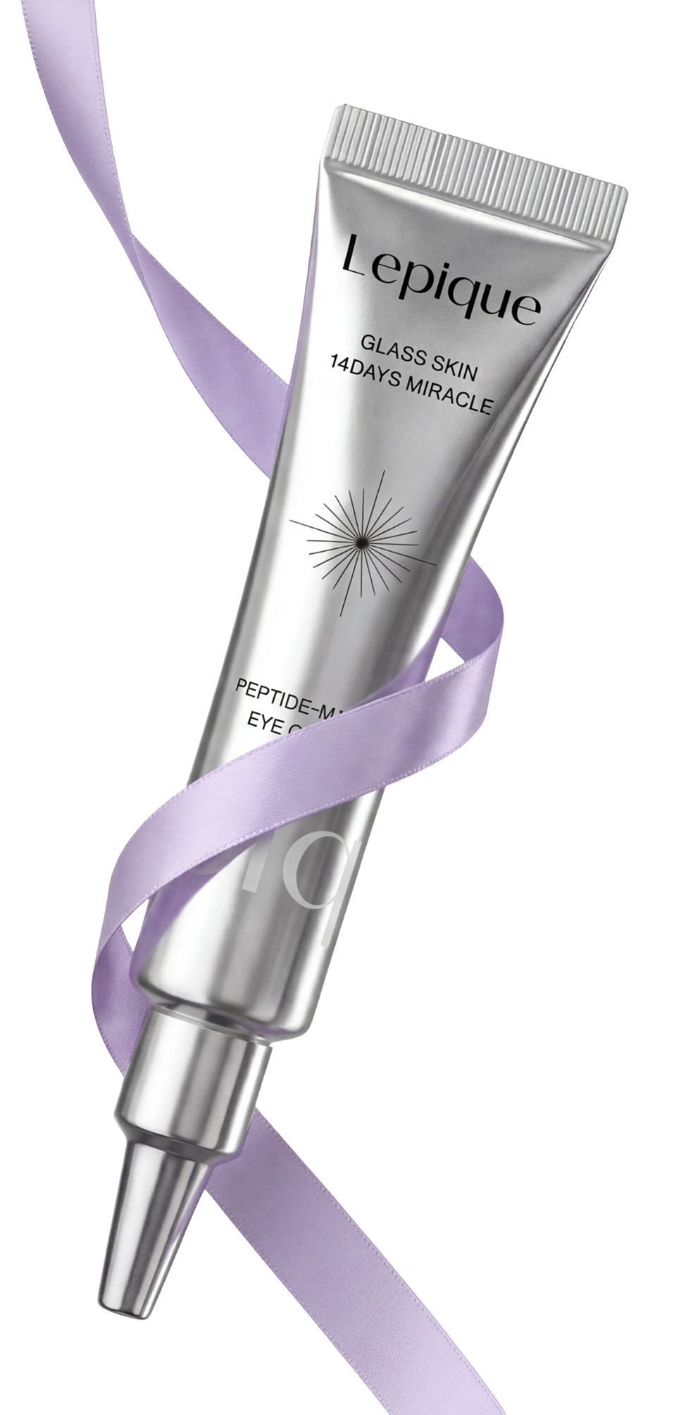 Lepique Peptide-Matrix Eye Cream wrapped in a purple ribbon against a quiet dark field